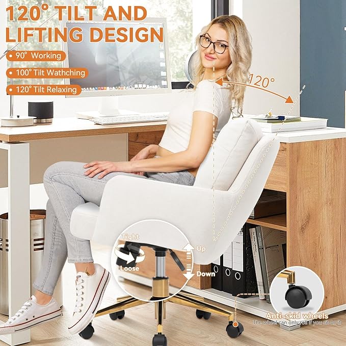 Plush Fabric Office Chair Vanity Chair Comfy Home Office Desk Chairs with Lumbar Support, Modern Plush Fabric Desk Gold Legs Swivel Task for Home Office Bedroom Study White Upgraded Version