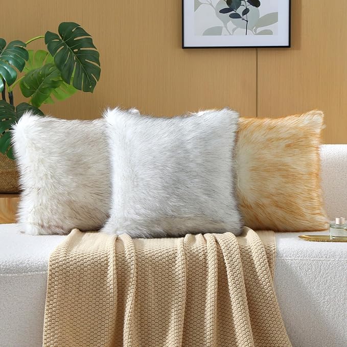 FUTEI Black White Decorative Throw Pillow Covers 18x18 Inch Set of 2,Soft Fluffy Faux Fox Fur Textured Cushion Case,Modern Home Decor for Couch Living Room
