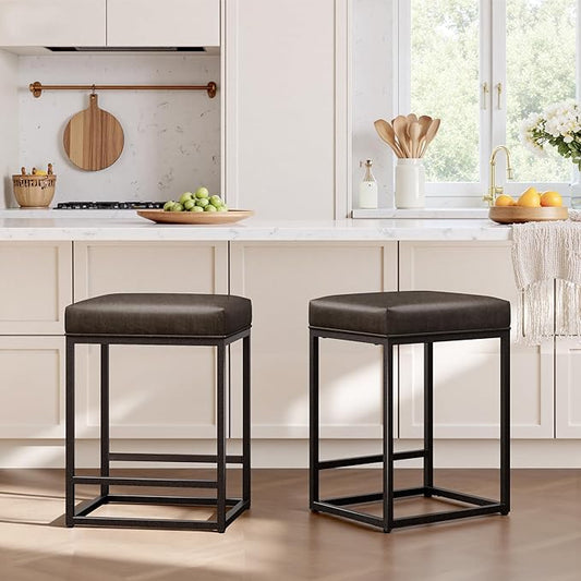 ALPHA HOME 24 Inch Counter Height Bar Stools, Upholstered Bar Stools for Kitchen Island, Counter Stools with Faux Leather Cushion and Sturdy Metal Frame, Modern Barstools, Grey