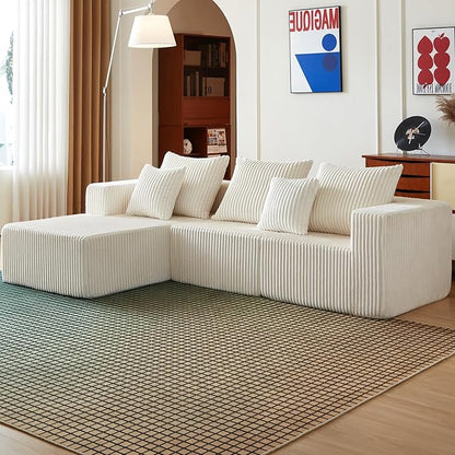 100.7 Inch Cloud Sectional Couch, Boneless Sofa for Living Room, Corduroy Modular Couch with L Shape Chaise, Modern Compressed Sofa in a Box, Memory Foam Filling (Beige)