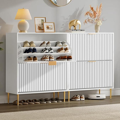 SICOTAS Fluted Shoe Cabinet Storage for Entryway with 6 Flip Drawers-11.8"Deep Freestanding Shoe Organizer Cabinet with 6-tier Shelves, Large 60 Pairs Shoes Rack Cabinet for Foyer Hallway, White, 3PCS