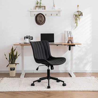 YOUNIKE Black Compact Home Office Desk Chair with Wheels Comfy Armless Cute Vanity Chair with Adjustable Rocking Back Modern Leather Upholstered Rolling Swivel Small Task Drafting Sewing Chair