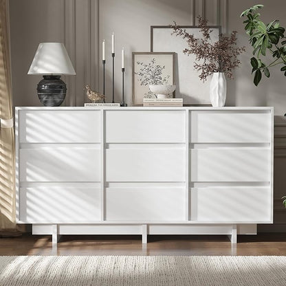 White Dresser for Bedroom, 59" Wide 9 Drawer Dresser, Mid Century Modern Dressers Chest of Drawers, Wooden Large Dressers for Bedroom, Closet