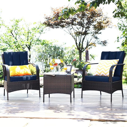 COSTWAY 3 Pieces Patio Rattan Furniture Set, Outdoor Conversation Chair Set with Coffee Table & 2 Cushions for Backyard, Porch, Poolside, Lawn, Garden, Navy
