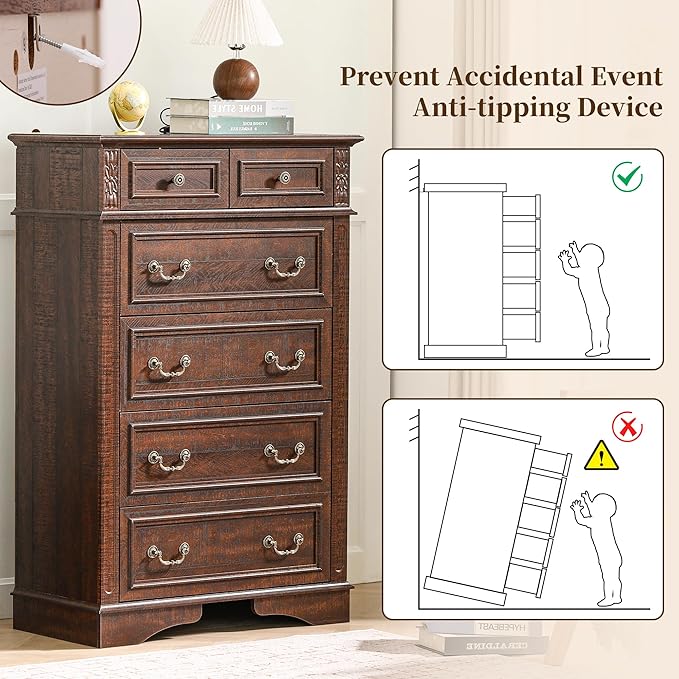 Dresser for Bedroom, 6 Drawers 48" Tall Dresser for Storage and Organization, Dark Brown Farmhouse Chest of Drawers for Living Room, Closet, Hallway