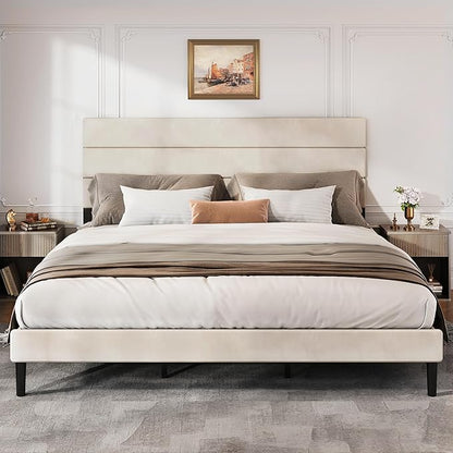 WLIVE King Size Upholstered Bed Frame, Velvet Square Tufted Headboard, Sturdy Metal & Wooden Slats Support, No Box Spring Needed, Beige