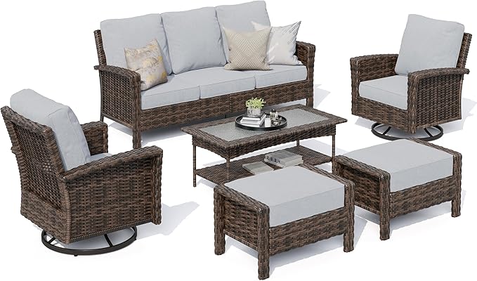 HERA'S HOUSE Gray Patio Furniture Set, Outdoor Sectional Seating Furniture, 35" High Back Swivel Wicker Chairs with 5.5" Thick Cushions, 6-Piece Patio Conversation Sofa Sets for Deck Lawn Backyard