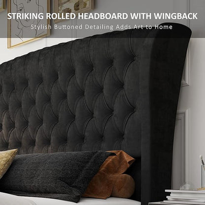 AMERLIFE King Size Platform Bed Frame, Velvet Upholstered Sleigh Bed with Scroll Wingback Headboard & Footboard/Button Tufted/No Box Spring Required/Easy Assembly/Black