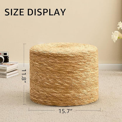 Wimarsbon Round Pouf Ottoman, Natural Hand Knitted Footrest Poof, Rustic Lounge Pouffe, Boho Pous Foot Stool, Accent Table or Seat (Natural Cattail, 15.7 * 15.7 * 11.8)