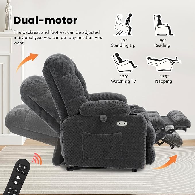 EONIX Dual Motor Wide Power Lift Recliner Chair for Elderly, Oversized Lay Flat Lift Chair with Heat and Massage and Cup Holders, 400lbs Heavy Duty Big and Tall Lift Recliner, Dark Grey Grey