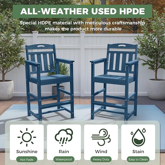 HDPE Outdoor Patio Tall Bar Chair, All-Weather Bar Height Balcony Adirondack Stools for Bistro, Garden, Backyard, Deck | Navy Blue