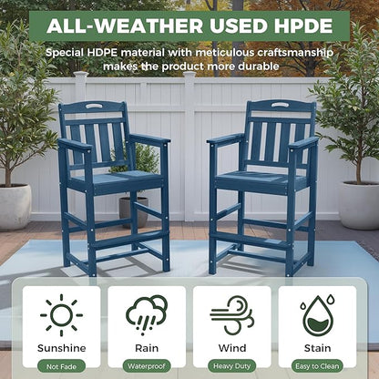 HDPE Outdoor Patio Tall Bar Chair, All-Weather Bar Height Balcony Adirondack Stools for Bistro, Garden, Backyard, Deck | Navy Blue