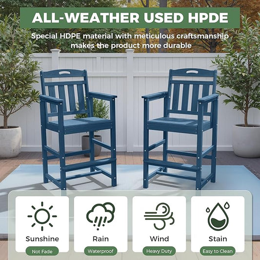 HDPE Outdoor Patio Tall Bar Chair, All-Weather Bar Height Balcony Adirondack Stools for Bistro, Garden, Backyard, Deck | Navy Blue