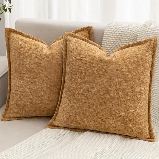 Mustard Yellow Decorative Throw Pillow Covers 20x20 Inch Set of 2 Cozy Soild Chenille Cushion Cases Soft Textured Square Couch Pillows Cover Boho Accent Farmhouse Pillowcases for Bed