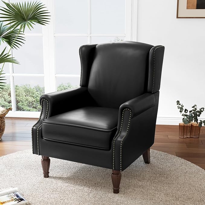 Lumibee Accent Chair, Faux Leather High Back Armchair or Living Room, Comfy Upholstered Single Sofa Reading Chair with Solid Wood Legs for Office, Bedroom, Waiting Room-Black