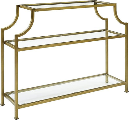Crosley Furniture Aimee Sofa Console Table with Storage Shelves for Hall, Entryway, or Living Room, Gold and Glass