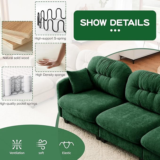 74" Loveseat L Shaped Sofa with Ottoman, Comfy Chenille Fabric Cloud Sectional Couch, Modern Upholstered Deep Seat Sofa with Armrest Pillow, Cloud Couch for Small Spaces Apartment, Green