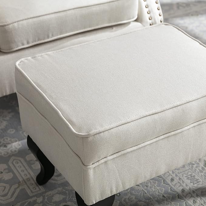 chairus Mid-Century Modern Accent Chairs with Ottoman Set of 2, Comfy Linen Single Sofa Chair Button Tufted Wingback Armchairs with Pillow for Living Room/Bedroom/Club - Beige