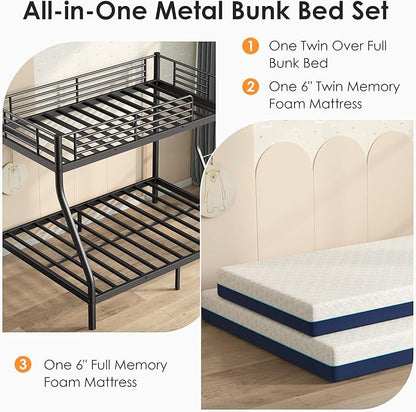 soges Twin Over Full Metal Bunk Bed Set with 6" Mattresses Included, All-in-One Bunk Bed for Kids/Adults, Heavy Duty Sturdy Bed Frame with Ladder & Guardrail, with Memory Foam Mattress, Easy Assembly