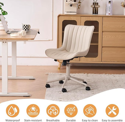 YOUNIKE Cream Home Office Desk Chair with Wheels Armless Compact Comfy Vanity Chair with Adjustable Back Modern Small Leather Upholstered Rolling Swivel Cute Computer Task Sewing Chair No Arms