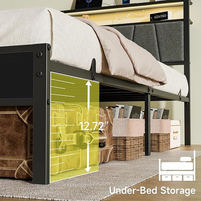 Z-hom Twin Bed Frame with Upholstered Headboard and Footboard, Metal Platform with Dual Storage Compartments, LED Lights and USB Ports, Easy Assembly, Grey