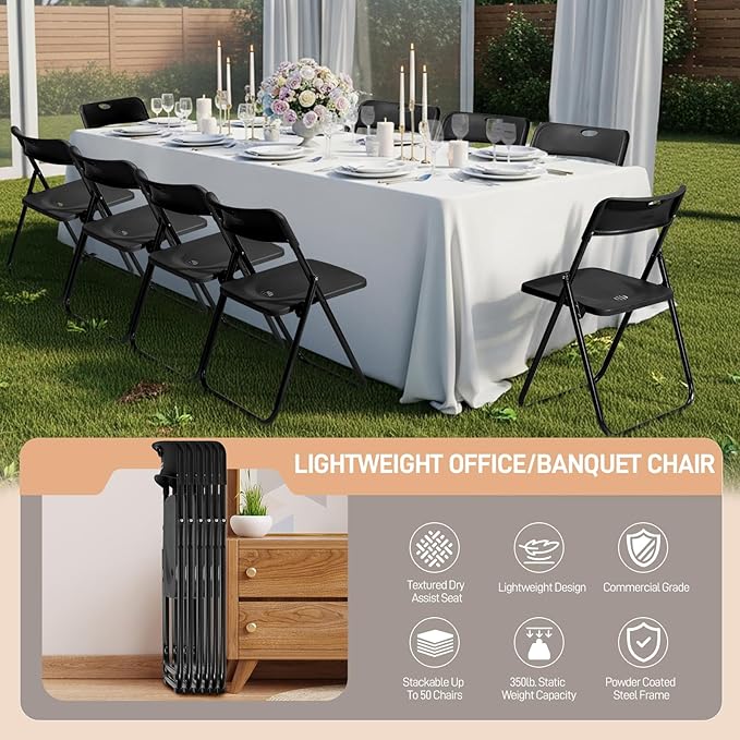 Karl home 10 Pcs Folding Chair, 300LBS Lightweight Foldable Plastic Chair, Reinforced Metal Frame Easy to Fold & Store for Indoor & Outdoor, Wedding, Party, Meeting Room, Patio and Garden, Black