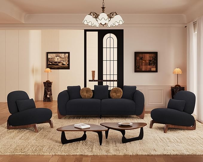 Morden Fort Modern Cloud Couch - 3 Seater Sherpa Boucle Sofa with Wood Legs, Ultra-Thick High Resilience Cushion with 3 Matching Pillows Upholstered Comfy Couch Sofa for Living Room - Black