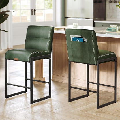 VASAGLE EKHO Collection - Bar Stools Set of 2, Counter Height Stools with Backs, 26.4-Inch Barstools Chairs, Synthetic Leather with Stitching, Mid-Century Modern, Dining Kitchen Island, Forest Green