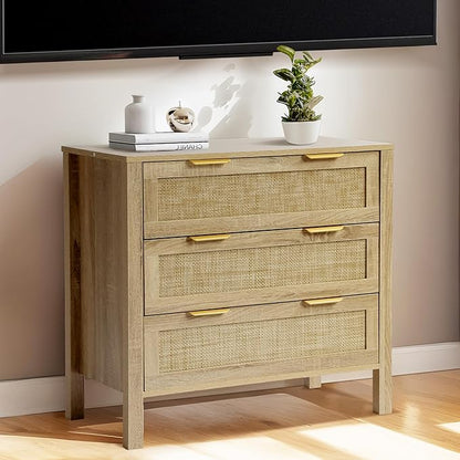 3 Drawer Dressers for Bedroom, Rattan Dresser with Drawers, Modern Wood Dresser with Metal Handles, Chest of Drawers for Bedroom, Living Room, Entryway (3 Drawer)