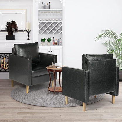 STHOUYN Faux Leather Comfy Black Accent Arm Chair Single Sofa Living Room, Bedroom Chair Reading Chairs for Adults, Suitable for Small Spaces Office Couch, Easy Assembly