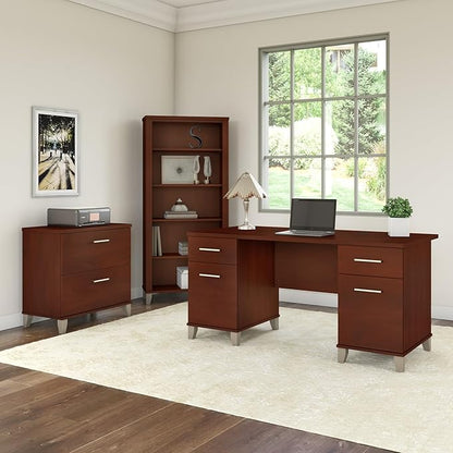 Bush Furniture 60-inch Home Office Desk with Drawers, Large Computer Table with Storage, Transitional Style, Somerset Collection, Hansen Cherry