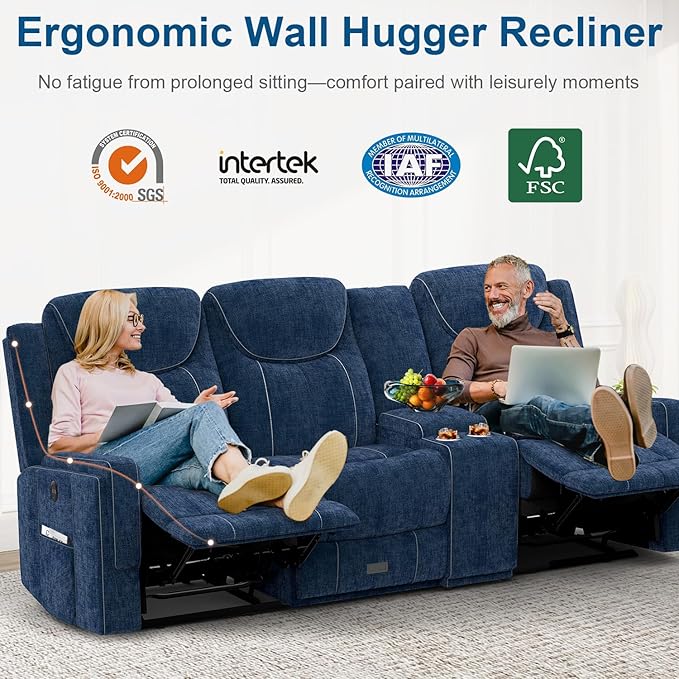 Recliner Sofa, 2 - Way Multi - Function Manual 3 Seater Couch with Cup Holders, Storage & USB Ports, Modern Multifunctional Sofa, Cloud-Like Blue Fabric Reclining Couch for Living Room