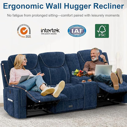 Recliner Sofa, 2 - Way Multi - Function Manual 3 Seater Couch with Cup Holders, Storage & USB Ports, Modern Multifunctional Sofa, Cloud-Like Blue Fabric Reclining Couch for Living Room
