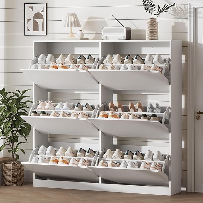Shoe Storage Cabinet for Entryway with 6 Flip Drawers, Sturdy Wood Hidden Shoe Storage, Freestanding Narrow Slim Shoe Organizer for Front Door Entrance, Living Room, Hallway, Bedroom, White