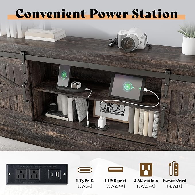 AMERLIFE Farmhouse Full Bed Frame with Storage Headboard & Charging Station, Rustic Wood Platform Bed with Barn Door Bookcase, No Box Spring Needed, Dark Oak Bedroom Furniture