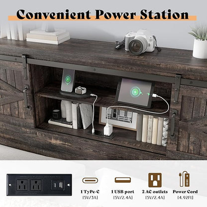AMERLIFE Farmhouse Full Bed Frame with Storage Headboard & Charging Station, Rustic Wood Platform Bed with Barn Door Bookcase, No Box Spring Needed, Dark Oak Bedroom Furniture