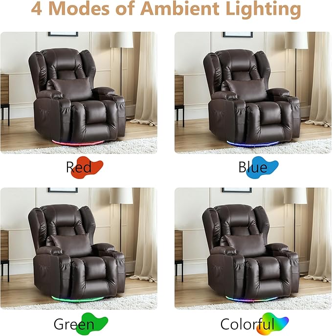 Power Swivel Rocker Recliner Chairs, Electric Wall Hugger Reclining Sofa with Massage & Heat, Comfy Theater Seating Single Chair with LED Light/USB/Type-C Ports (Leather Brown, Set of 2)