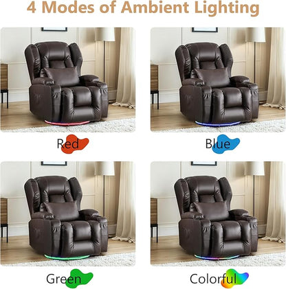 Power Swivel Rocker Recliner Chairs, Electric Wall Hugger Reclining Sofa with Massage & Heat, Comfy Theater Seating Single Chair with LED Light/USB/Type-C Ports (Leather Brown, Set of 2)
