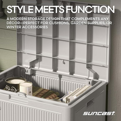 Suncast 22-Gal. Waterproof Resin Small Outdoor Patio Deck Box with Reeded Design, Modern Outdoor Patio Bench/Storage Box for Cushions, Garden Tools, and More, French Gray