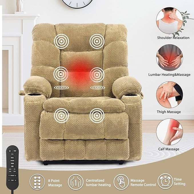 EONIX Dual Motor Lay Flat Lift Chairs Recliner, Power Lift Recliner Chair for Elderly and Adults, 400lbs Heavy Duty Chair Lift with Cup Holders, Charging Ports, Heat and Massage, Beige