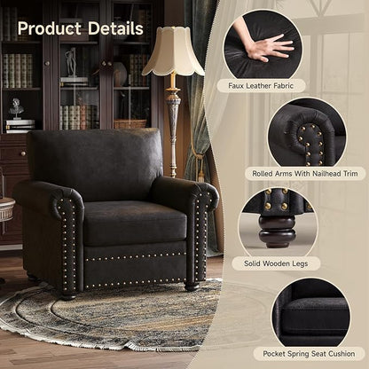 ONBRILL Nailhead Trim Accent Chair, Faux Leather Club Chair for Living Room, Comfy Armchair with Springs Cushions & Solid Wood Legs, Traditional Rolled Arms Single Sofa for Bedroom, Apartment, Black