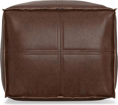SIMPLIHOME Brody 18-inch Wide Square Pouf in Distressed Dark Brown Vegan Faux Leather, Boho-Style Ottoman, Footstool or Extra Seating for Living Room, Assembled