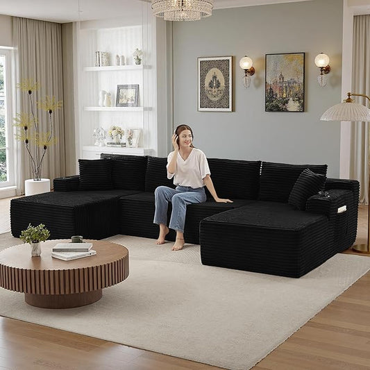 134''Oversized Modular Sectional Sofa Boneless Cloud Couch with Chaise Comfy Sectional Couches for Living Room,Bedroom,Apartment (Black, 134''W U-Shaped)