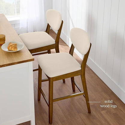 Best Choice Products Bar Stool Set of 2, Mid-Century Modern Upholstered Wood, Armless Counter Height w/Seat Cushion, Backrest - Walnut/Cream