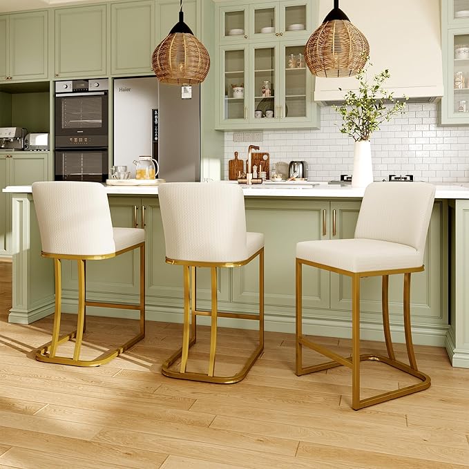 MAISON ARTS Off White & Gold Counter Height Bar Stools with Back Set of 6 for Kitchen Counter 24 Inch Modern Upholstered Faux Leather Barstools Farmhouse Bar Chairs Luxury Island Stools Support 330LBS