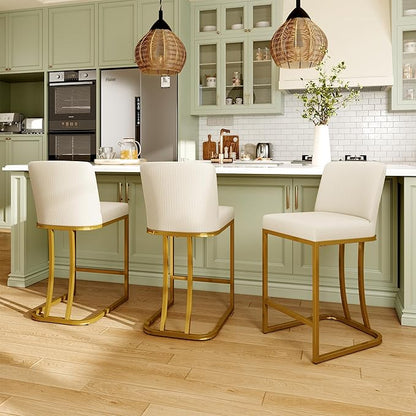 MAISON ARTS Off White & Gold Counter Height Bar Stools with Back Set of 6 for Kitchen Counter 24 Inch Modern Upholstered Faux Leather Barstools Farmhouse Bar Chairs Luxury Island Stools Support 330LBS