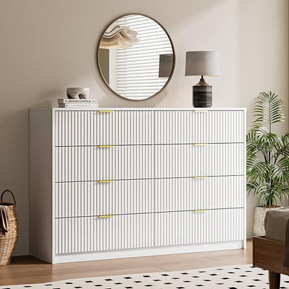 3-Piece Dresser Bedroom Set, 8 Drawer Dresser & 3 Drawer Nightstands with Gold Handles, Fluted Wood Chest of Drawers for Bedroom, Living Room, Entryway, White