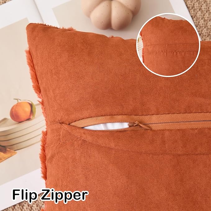 Kevin Textile Fall Pillow Covers 16x16 Inch Set of 2 Soft Pumpkins Decorative Square Pillowcases Plush Autumn Faux Fur Cushions Harvest Gift for Couch Sofa Chair Bedroom Home Decor, Rust