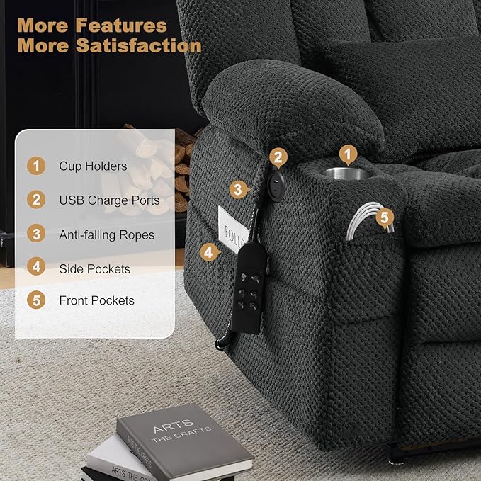 Infinite Position Power Lift Chair, Dual Motor Power Lift Recliner Chair with Massage and Heat Function for Elderly People, USB Ports, Premium Grey