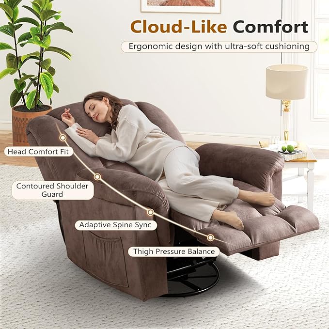 ANJ 2PCS Oversized Rocker Recliner Chairs Set, Manual 360° Swivel Recliners, Comfy Glider Rocking Chairs for Big Man, Extra Wide Overstuffed Reclining Chairs with Side Pocket for Living Room, Camel